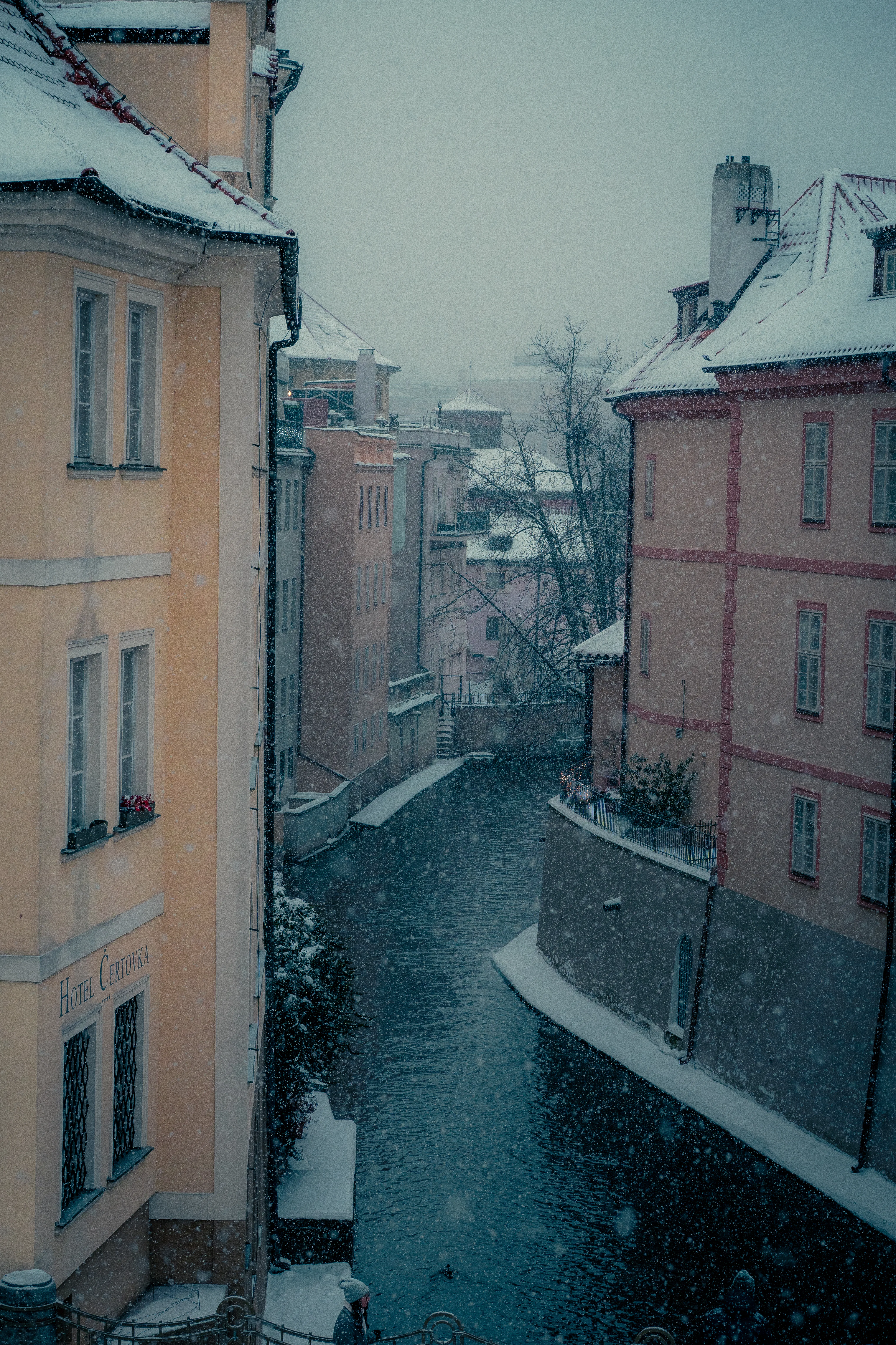 Čertovka canal in snow, Prague